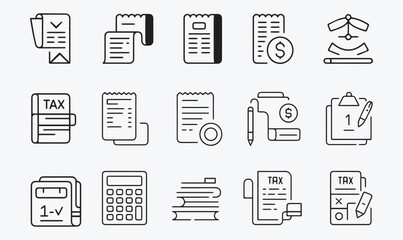 Accounting and Bookkeeping Line Icons Set, Tax Forms and Calculator Vector Illustration