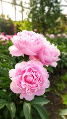 Delicate pink peonies in a greenhouse setting