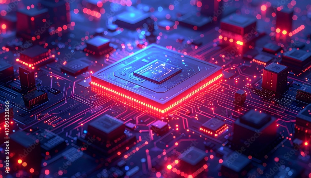 Poster abstract circuit board background with glowing lights and electronic components