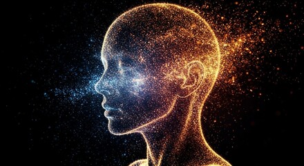 Female Profile Silhouette with Glowing Particles | Abstract Representation of Intelligence, Consciousness, and Mental Energy for Technology and Science Visuals