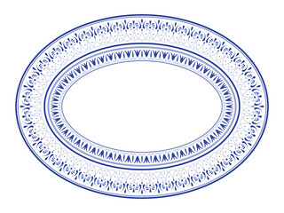 An elegant oval frame with classic blue and white floral pattern. Refined border. Blue and white floral plate. Design evokes sense of traditional art, reminiscent of fine china Delftware, earthenware