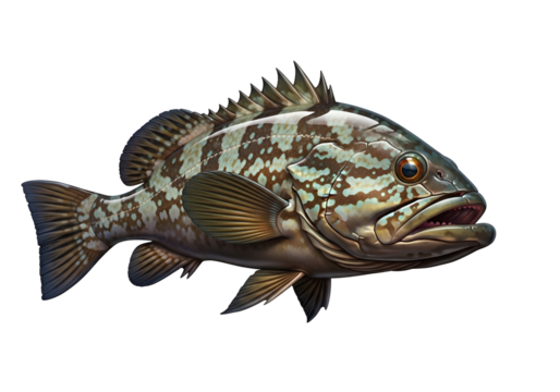 A detailed illustration of a grouper fish, showcasing its intricate patterns and textures against a dark background.