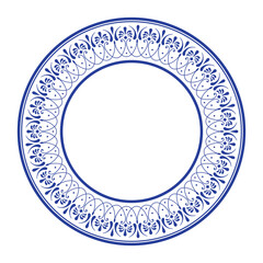 An elegant round frame with classic blue and white floral pattern. Refined border. Floral plate. Design evokes sense of traditional art, reminiscent of fine china Delftware, earthenware, ceramics