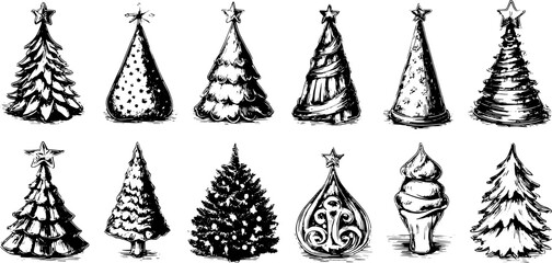 Christmas trees in black and white vector illustration style. Hand-drawn and decorative set showcasing various tree shapes and designs.
