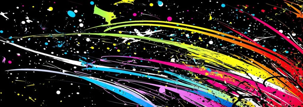 Abstract, vibrant, colorful streaks and splatters on a black backdrop