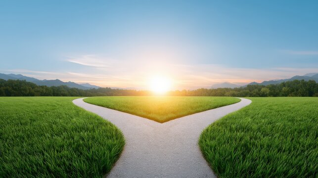 Making decisions about life paths and setting clear goals. A crossroads splitting into two paths with a beautiful sky.