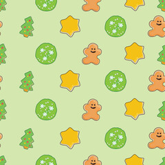 Seamless pattern of cute character shaped cookies isolated on light green background