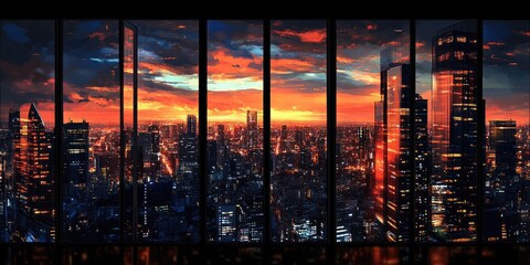 Panoramic city view at sunset through multiple windows