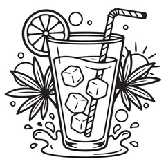 Tropical Summer Drink with Citrus Slice and Ice – Minimal Black and White Vector Illustration