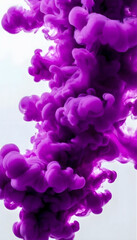 Vibrant violet ink swirling in water, creating an abstract, cloud-like formation. The image showcases the intricate details and textures of the ink, with various shades and densities spiraling 
