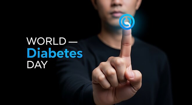 A man touching a blue circle with a drop of blood on a black background for world diabetes day concept