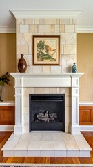 Interior fireplace with stone and wood trim