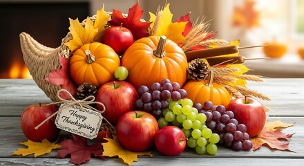 A thanksgiving cornucopia with pumpkins, apples, and grapes on a wooden table with a fireplace