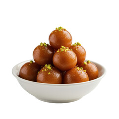 Bowl of gulab jamun with pistachios on white background on transparent background