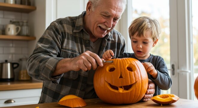 Man and child carving Halloween pumpkin together for autumn holiday season. Cute boy with old man making jack-o'-lantern.