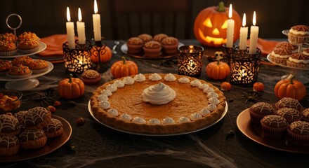 Naklejka premium Spooky Halloween pumpkin pie with whipped cream next to festive cupcakes and candy corn for a holiday celebration.