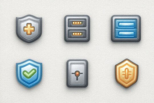 Technological security icons representing cybersecurity, data protection, privacy awareness with a focus on shield designs and innovative digital concepts conveying trust and reliability