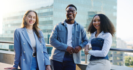 Balcony, team and portrait of business people in city for about us, collaboration and partnership. Creative startup, professional and man with women with confidence for career, company and pride