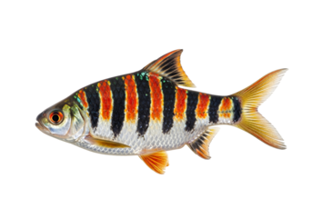 Vividly colored fish with striking black, orange, and white stripes, showcasing intricate detail and a profile view against a black background.