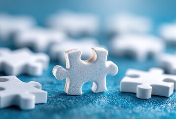 Single white puzzle piece in focus, surrounded by others on a textured blue surface