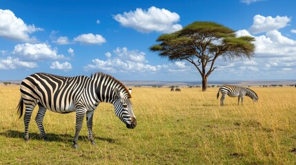 Obraz premium Majestic Zebras Grazing Under a Blue Sky in African Savanna