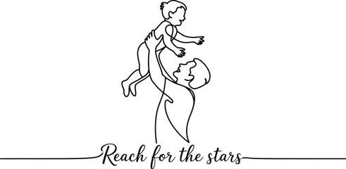 Fototapeta premium A minimalist line art illustration of a father holding his child up in the air with text below it