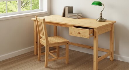 Wooden Desk and Chair Set with Green Lamp, Books, and Open Drawer