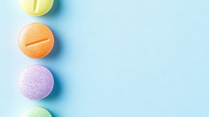 Colorful pills in a vertical line against a light blue background