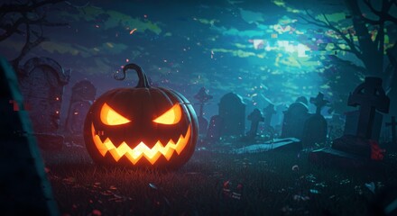 Naklejka premium Jack o lantern glowing in a spooky cemetery at night. Creepy pumpkin with glitch effect. Horror Halloween party concept.