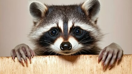 Close-Up of a Curious Raccoon Peering Over a Wooden Surface