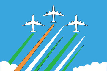 Fototapeta premium Three white airplanes flying in formation leaving green orange and white trails in blue sky