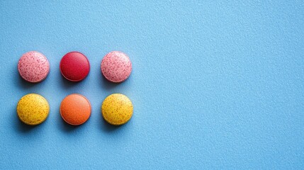 Assorted pills arranged in a grid pattern on a light-blue surface