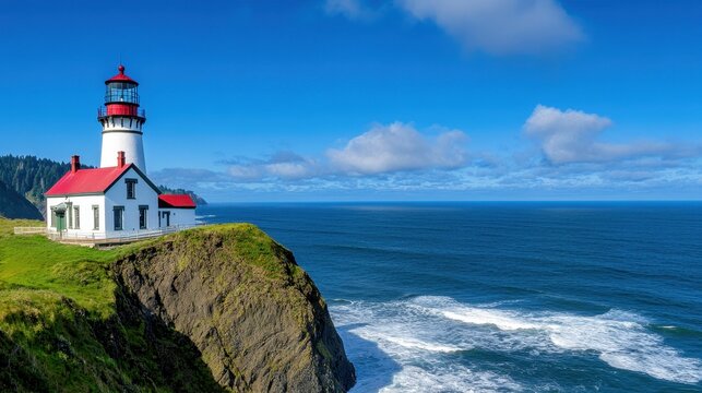 Coastal lighthouse overlooking the ocean under a clear blue sky