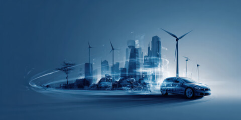 Futuristic cityscape with wind turbines and autonomous vehicle highlights innovation sustainable urban design. blue toned image conveys sense of technological advancement and environmental