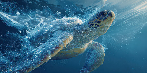 Obraz premium Sea turtle gracefully swims through ocean, surrounded by digital elements and water splashes, symbolizing intersection of nature and technology