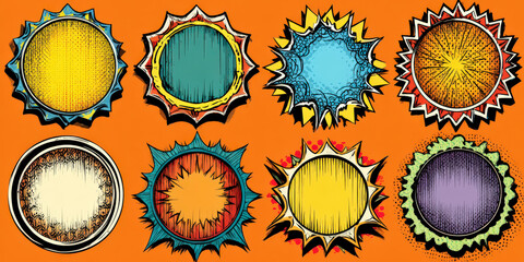 Colorful pop art explosion badges with round jagged frames on orange background, featuring various vibrant designs and patterns. These dynamic icons evoke sense of excitement and creativity