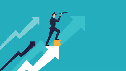 上昇矢印の上で望遠鏡を使って未来の目標を見据えるビジネスマン（青）　A businessman using a telescope to look toward future goals (blue)