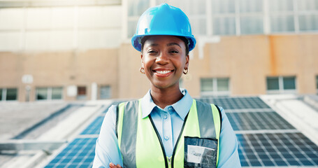 Solar panel, black woman and portrait of engineer on roof in city for clean energy. Photovoltaic, smile and confident technician with renewable power, sustainable electricity and affirmative action