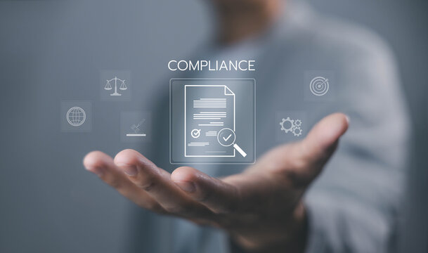 Business compliance and regulation concept showing digital document with check mark icon, symbolizing legal standards, corporate governance, risk management, policy, quality control in modern business