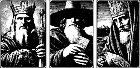 King and wizard portraits in black and white vector illustration. Detailed mythical figures represent wisdom and magic in a classic set.