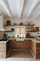Rustic Modern Kitchen with Wooden Cabinets and White Beams, Warm and Inviting Mediterranean...