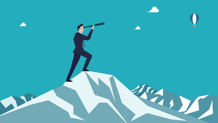 山頂に立ち望遠鏡を使って未来を見据えるビジネスマン　A businessman gazing into the future through a telescope atop a mountain peak