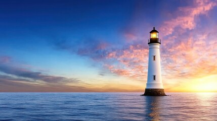 Majestic Lighthouse at Sunset Over Calm Ocean Waters and Colorful Sky