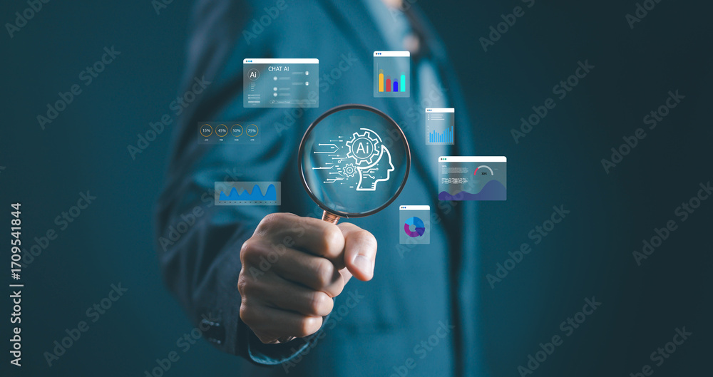 Poster businessman holding a magnifying glass with ai technology icons and data analytics charts, symbolizi