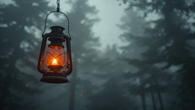 Glowing lantern in misty forest light fire - Powered by Adobe