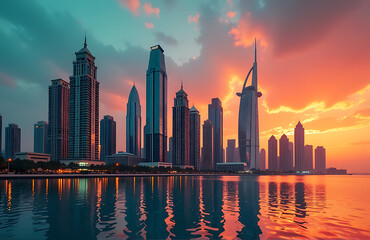 Obraz premium dramatic dubai skyline dusk illuminated warm golden light reflecting towering skyscrapers vibrant shades