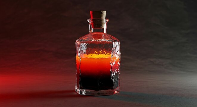 Glowing potion bottle fantasy elixir dark red liquid magical drink witchcraft alchemy mysterious occult fantasy art dark background