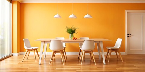 Fototapeta premium A bright and inviting dining room with an orange wall, a white table, chairs, and pendant lights.