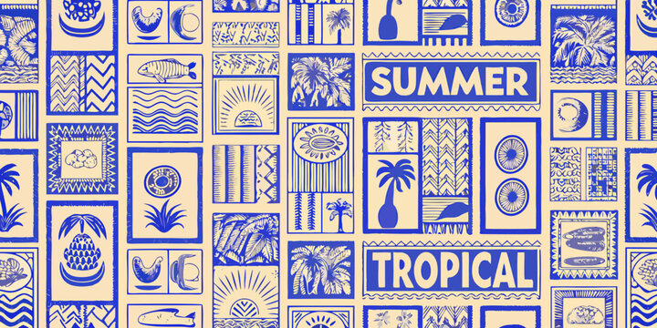 Vibrant tropical summer pattern with palm trees sun waves and exotic fruits in blue and beige