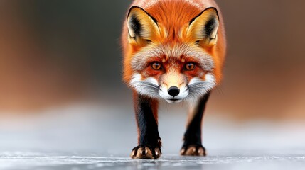 Fototapeta premium Majestic Red Fox Approaching on Frosty Ground in Winter Landscape